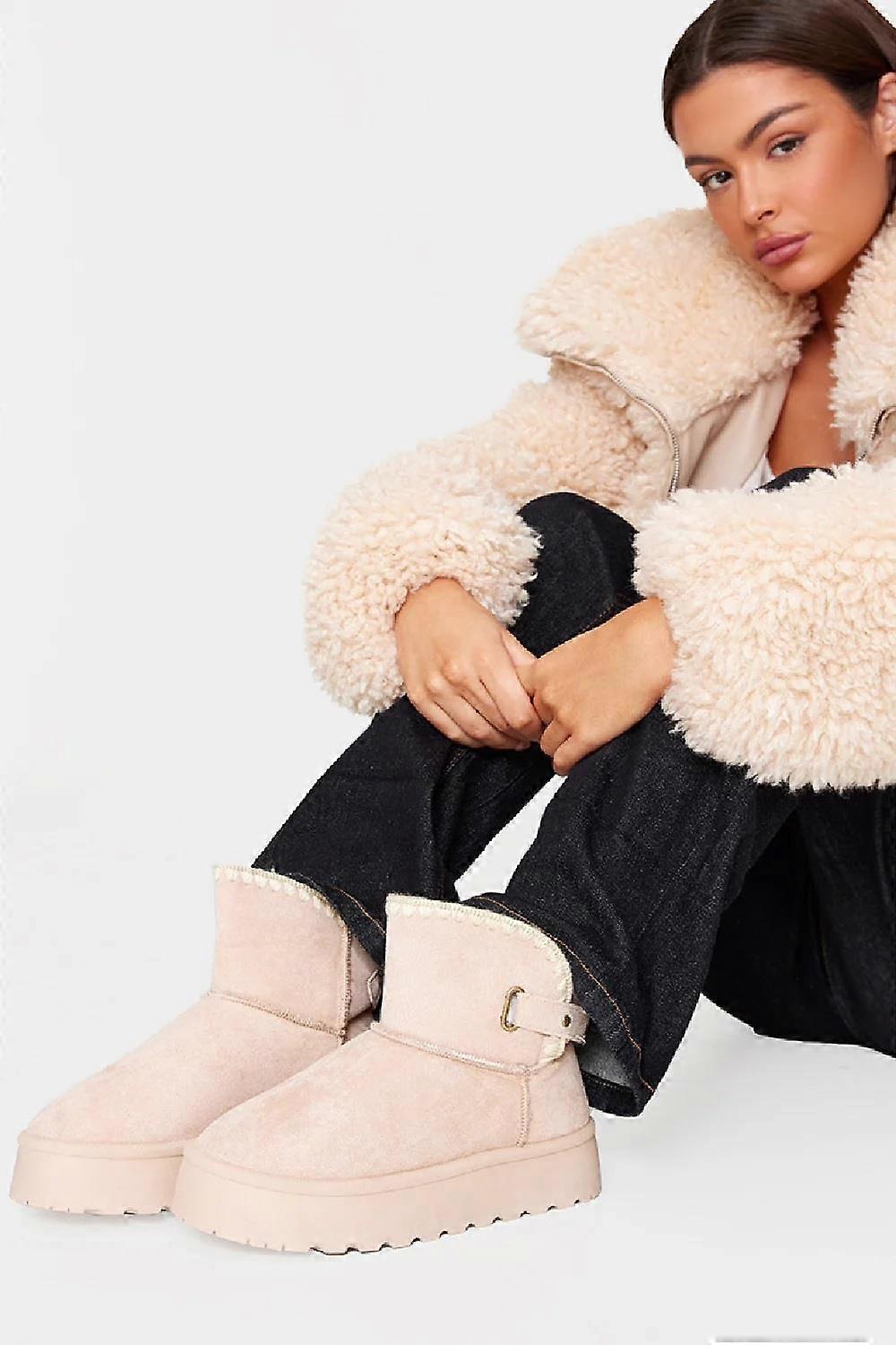 House Of Sehrish MX32H BEIGE Thick Soled Slip on Fur Lined Ankle Boots