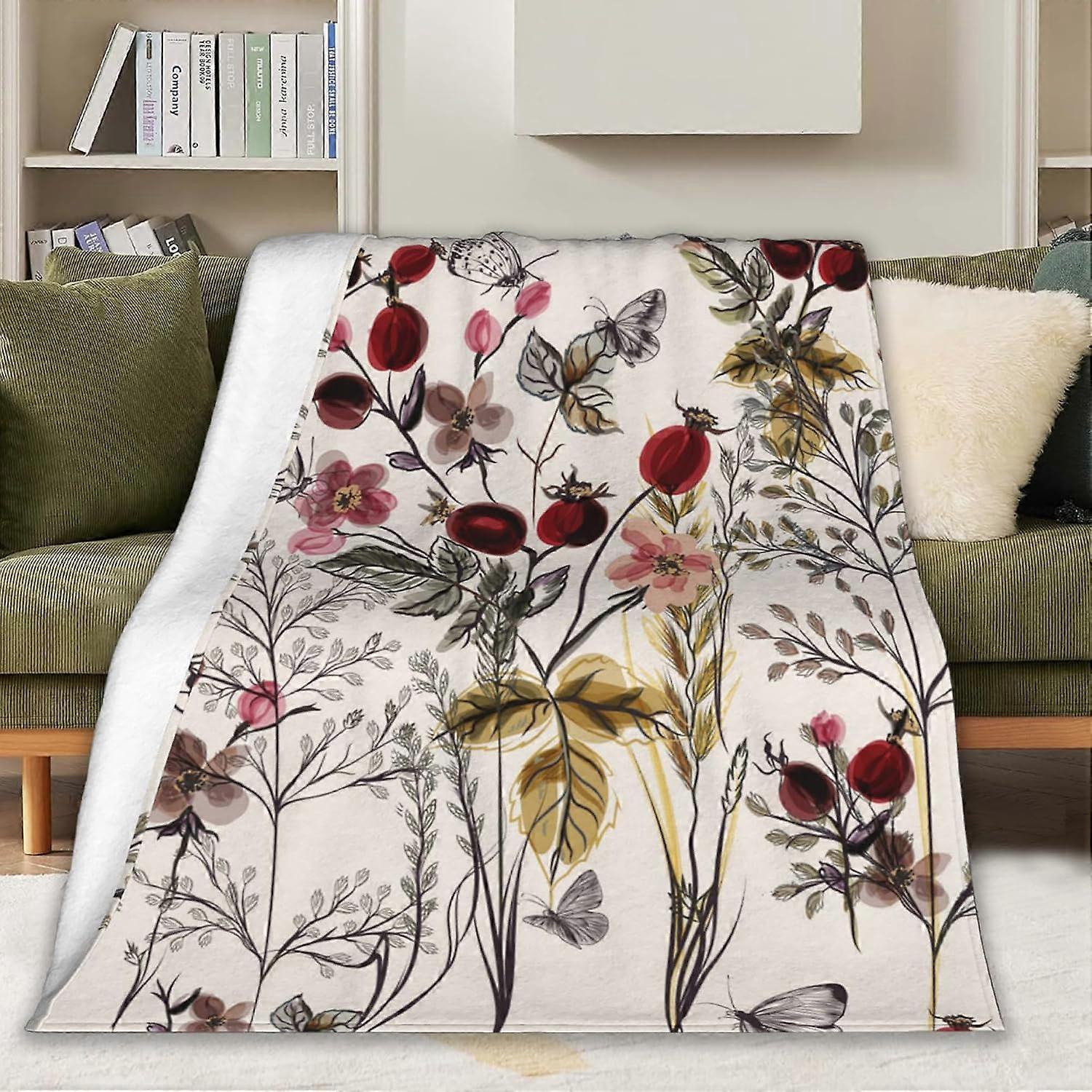 Vilde blomster Tæppe Botanisk Blomstertrykt Tæppe Gaver til Kvinder Blødt Letvægts Tæppe Fuzzy Tæppe Til Sofa Sovesofa Soveværelse