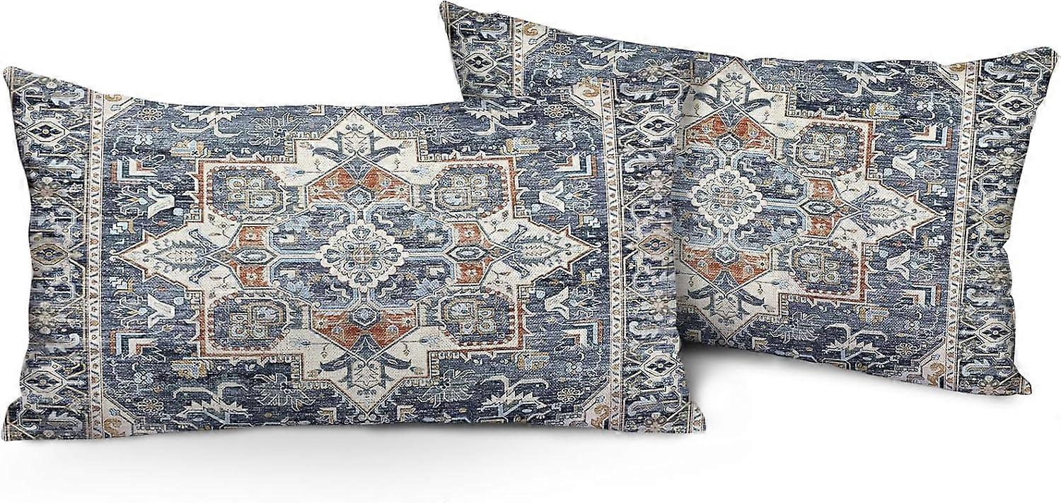 Capas de Almofada Boho 12"x20" Conjunto de 2 Fronhas de Linho com Padrão Bohemiano Cinza Azul Monaco para Sofá Cama de Fazenda