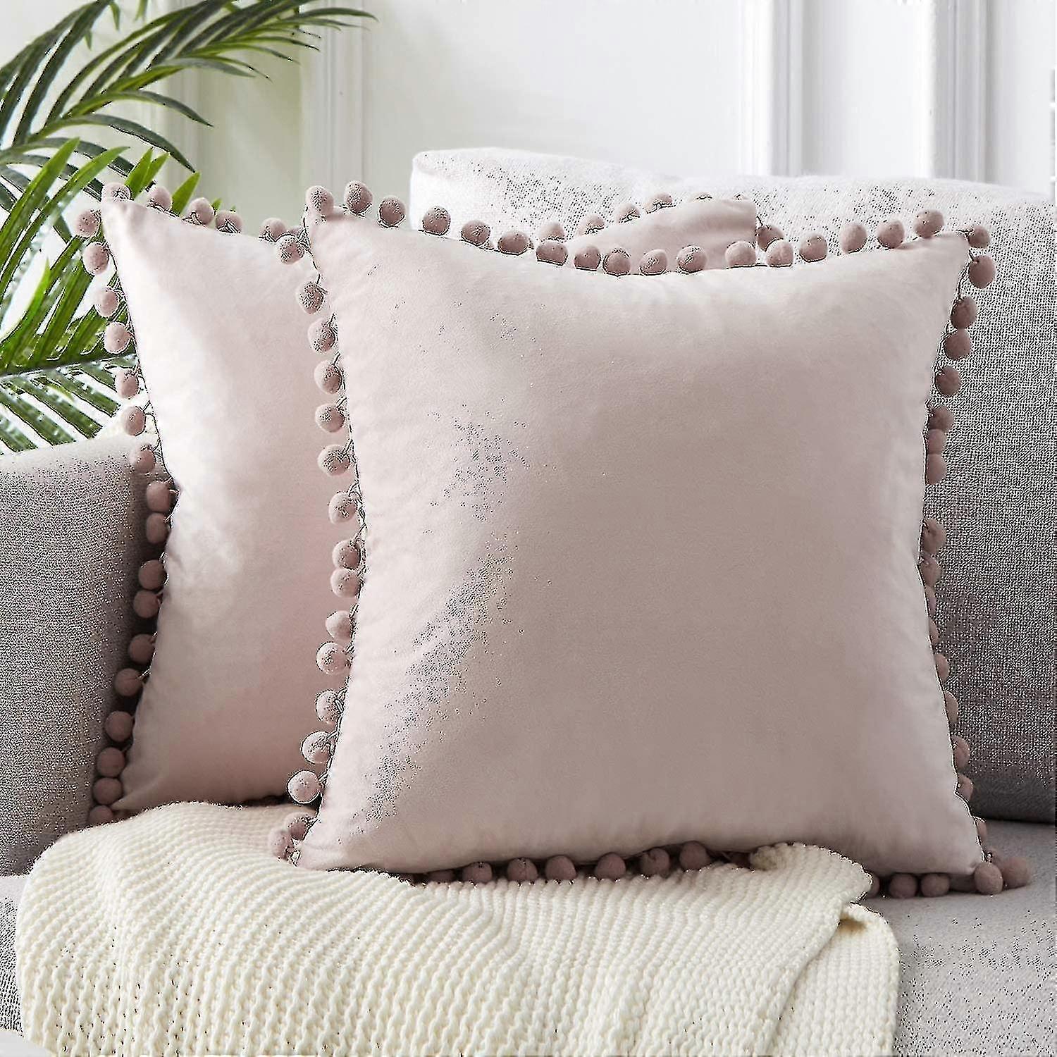 sett med 2 fløyel puter med pompoms solid farge pute dekorative