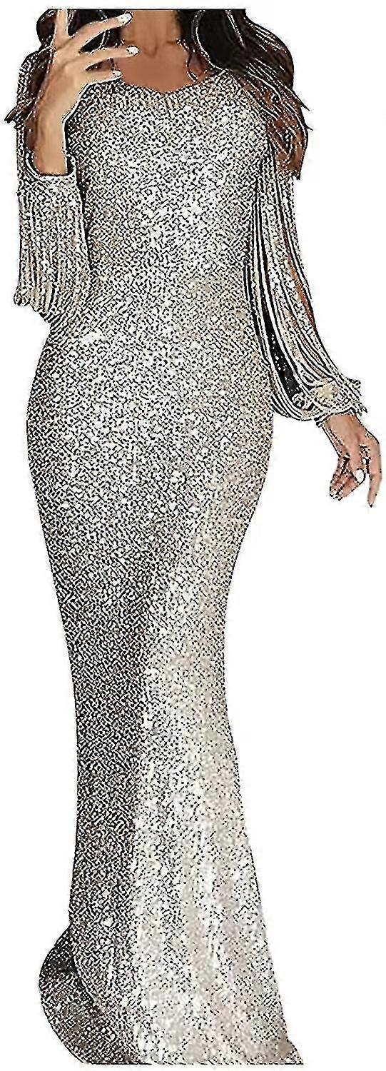 Femei Shiny Seara Rochie ciucure cu maneca lunga Prom rochie