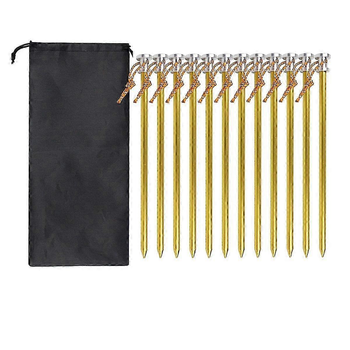 12pcs 23cm屋外テントペグ収納バッグ付きグラウンドネイル防風ネイルキャンプアクセサリーテント固定ゴールド