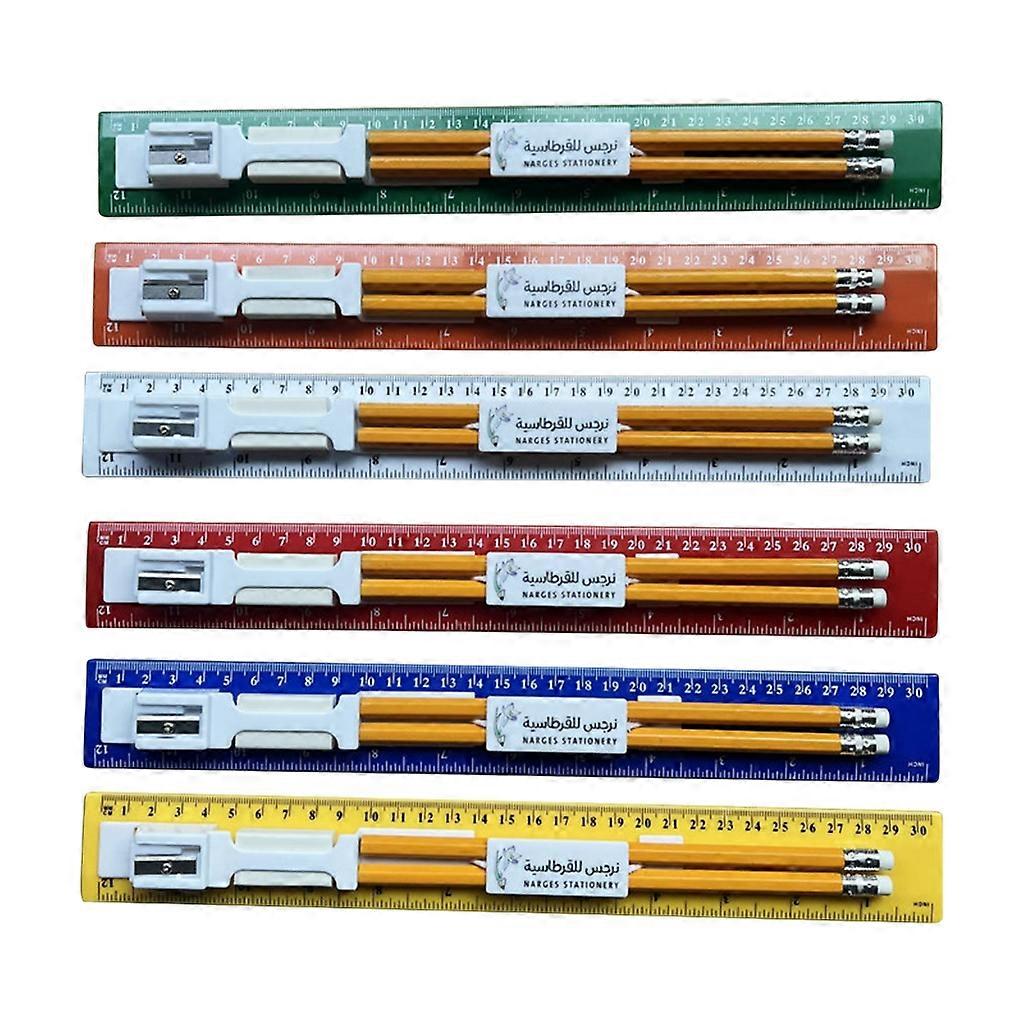 5 Sets All-in-One 30cm Ruler Kit with Pencil Sharpener and Writing Supplies