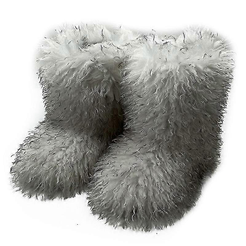 Bottes en fausse fourrure pour femmes Fuzzy Fluffy Furry Round Toe Suede Bottes d’hiver Chaussures plates