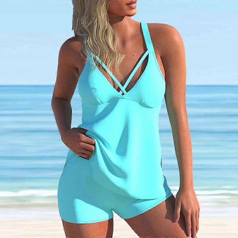Women's Shoulder Strap Swimsuit Solid Blue Print Bikini Tankini Swimsuit