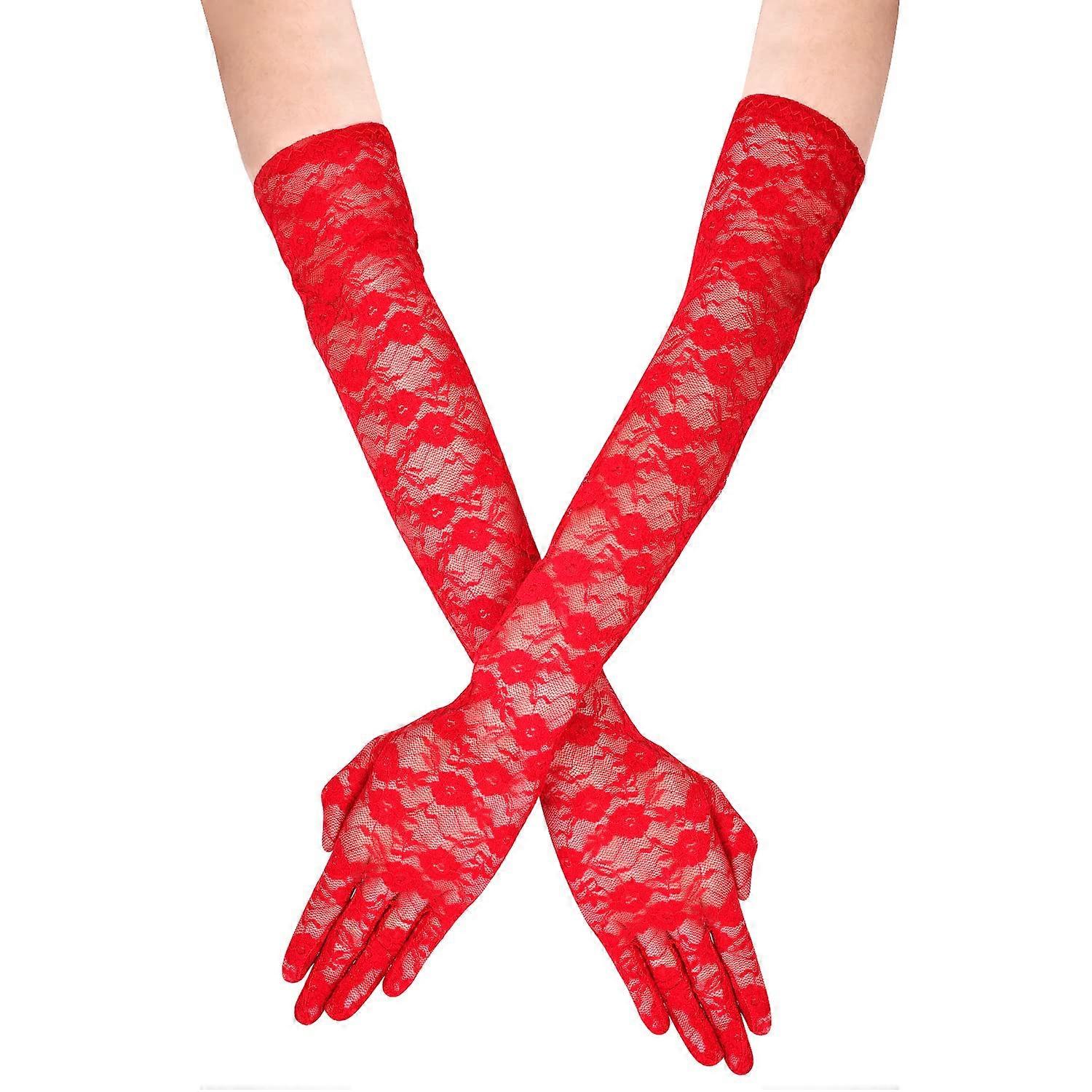 Red Long Lace Gloves for Elegant Occasions 21.3 Inch Size