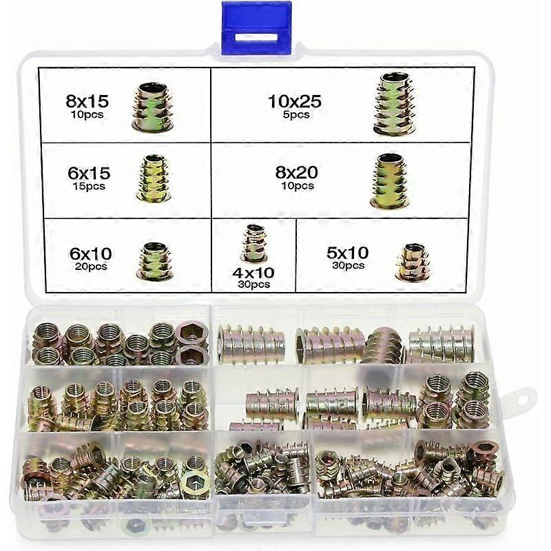 120Pcs M4 M5 M6 M8 M10 Zinc Alloy Hex Nuts with Threaded Inserts for Wood Furniture with Plastic Box