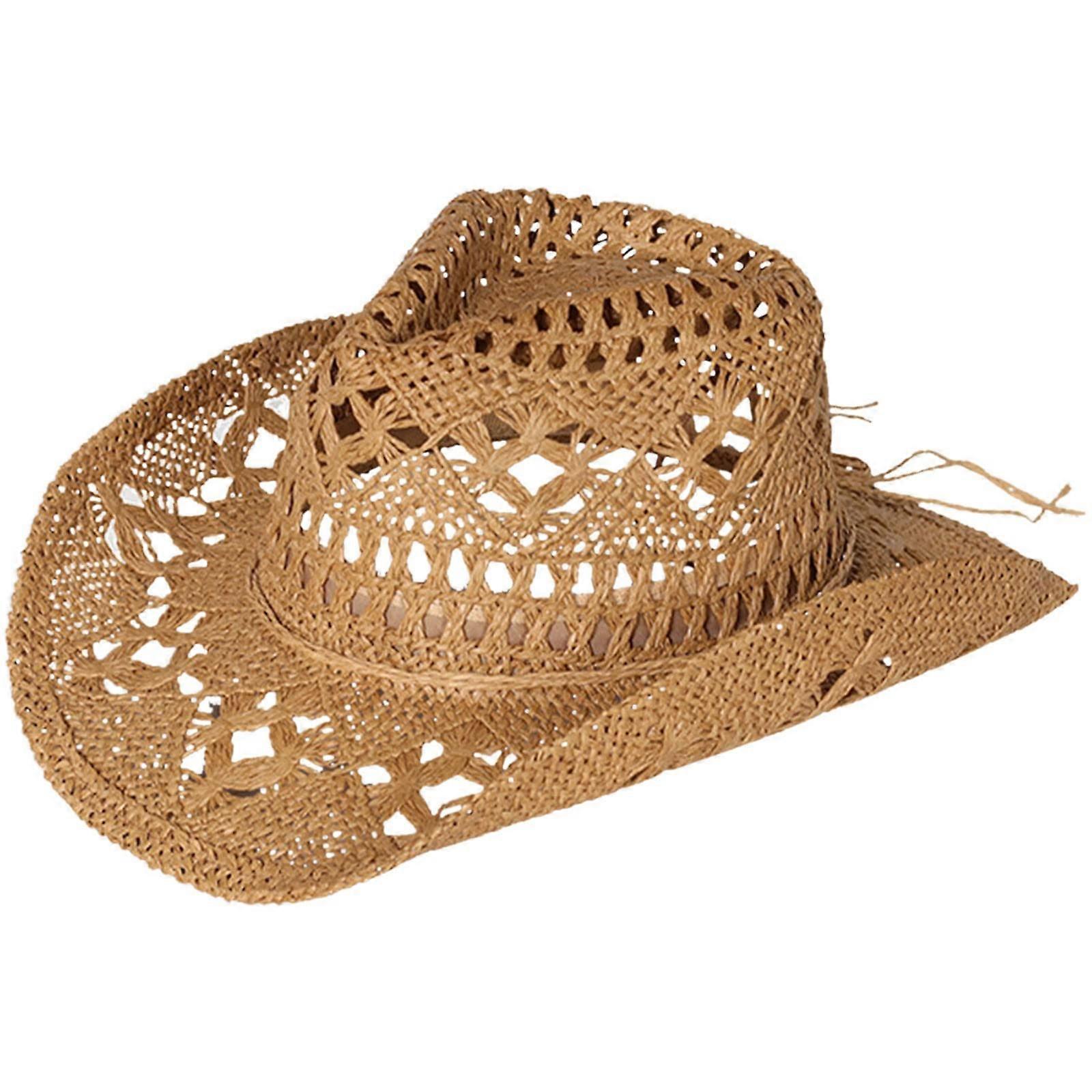 Shapeable Wide Brim Cowboy Straw Hat for Seaside Beach One Size Khaki