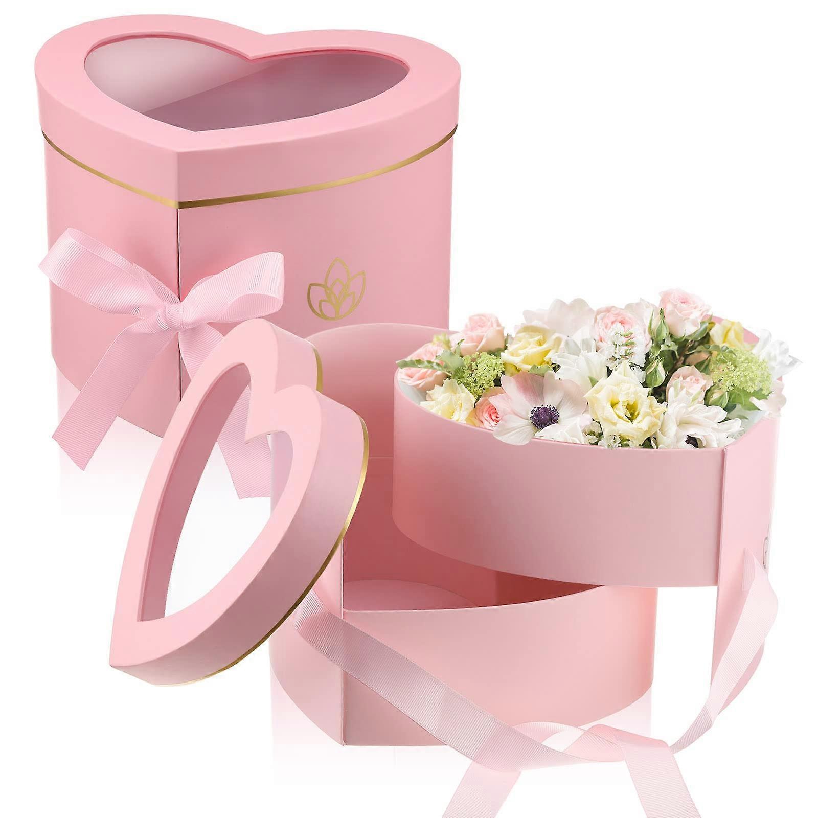 2 Pcs Valentine's Day Heart Shaped Flower Box with Transparent Window, Ribbons, Double Layers, 9.1 x 7.9 x 6.5 Inch(Pink)