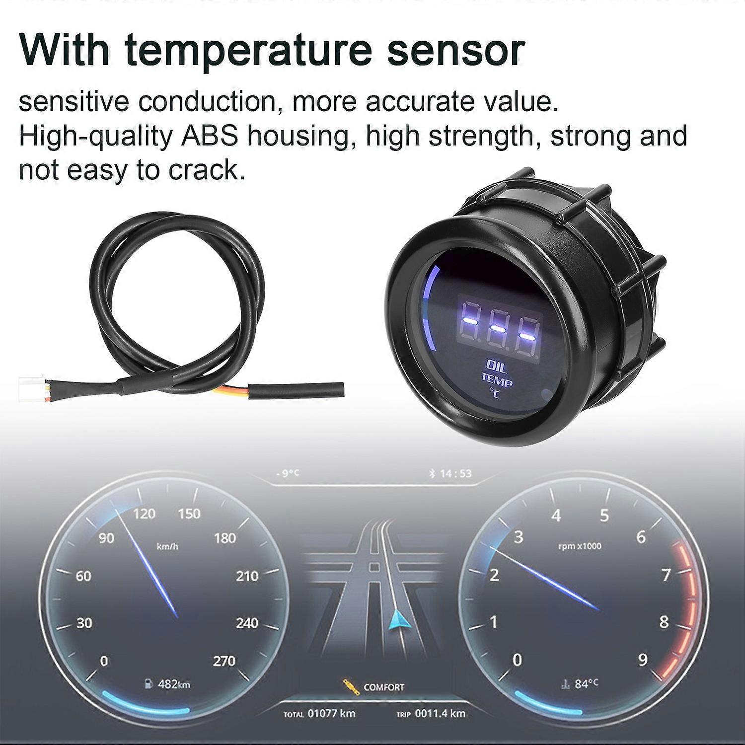 52mm Oil Temperature Gauge Car Digital Meter LED Display 40-140℃ with Sensor Alarm Function for Car 