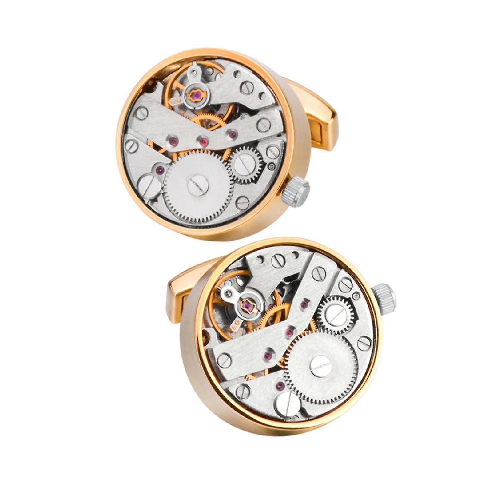 Movable Watch Mechanism Gold Cufflinks for Men, Unique Gear Design, Round Stainless Steel, Stylish Accessory