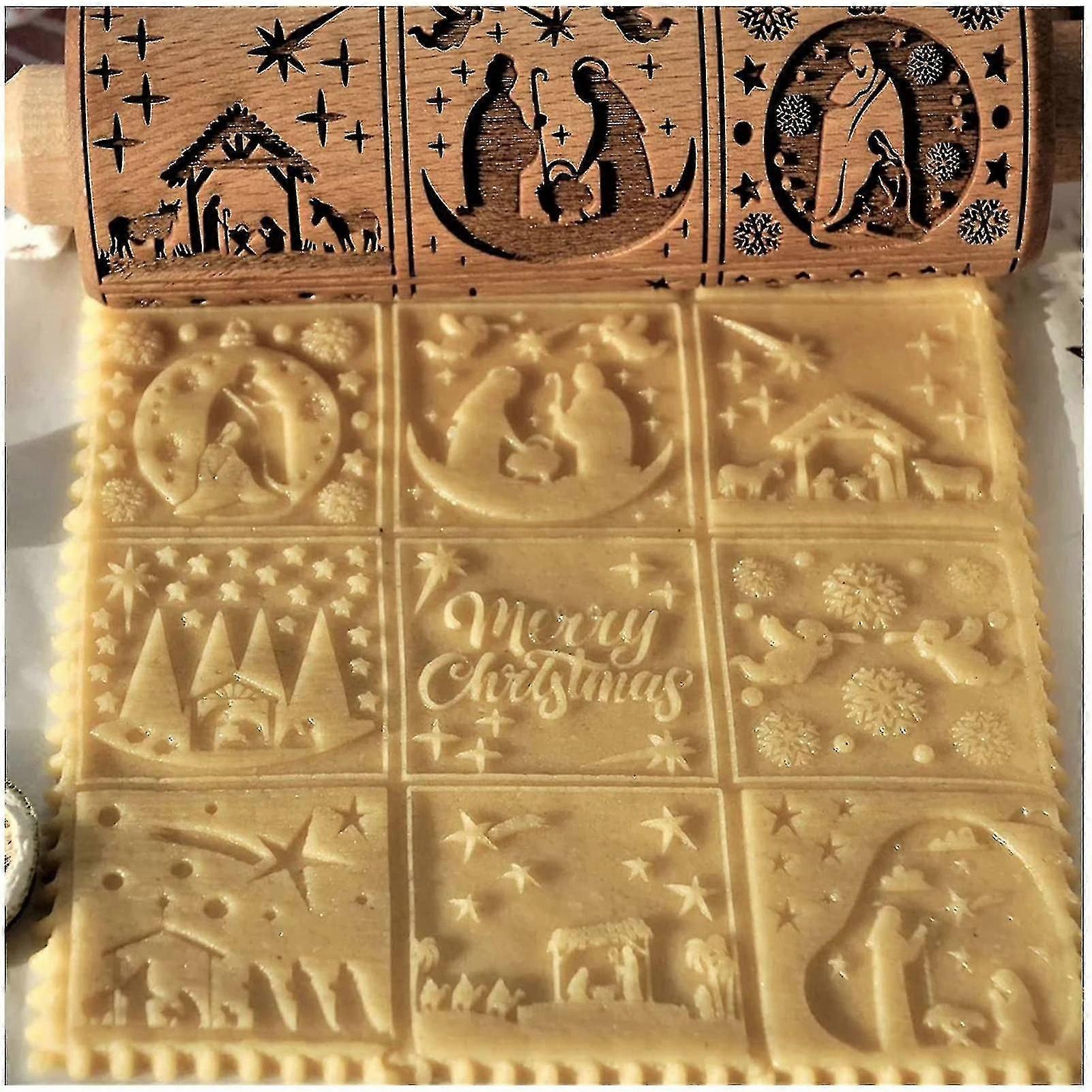 Nativity Engraved Rolling Pin Non-stick Wooden Embossed Dough Roller Rolling Pins For Cookies Pies