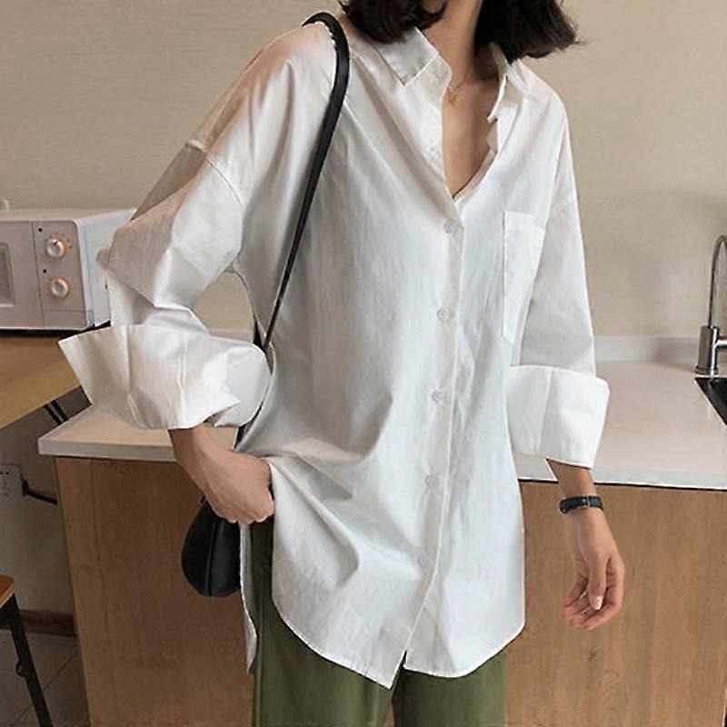 Women Autumn Plus Size Lapel Casual Basic Shirt Oversized Solid Long Sleeve Blouse Buttons Asymmetrical Top