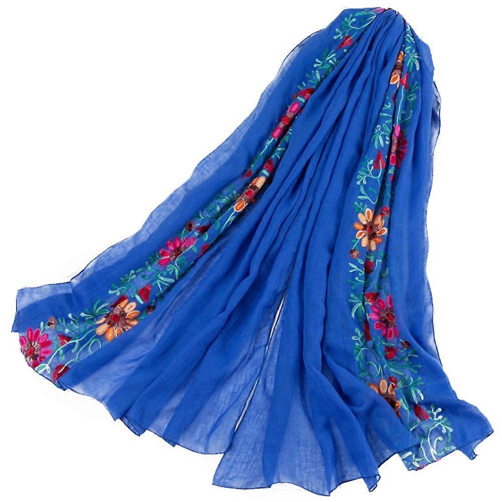 Floral Pattern Scarf Shawl Wraps For Women Classic Royal Blue Cotton Linen Dressing Decoration 1Set
