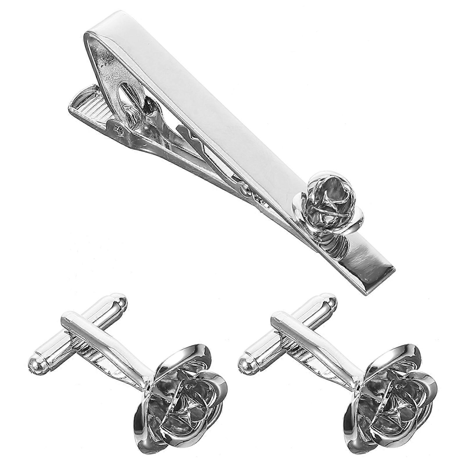 Rose Cufflinks and Tie Clip Set for Men – Elegant Silver Flower Design – Smooth Surface, Sturdy Structure – Ideal for Weddings, Business Meetings,