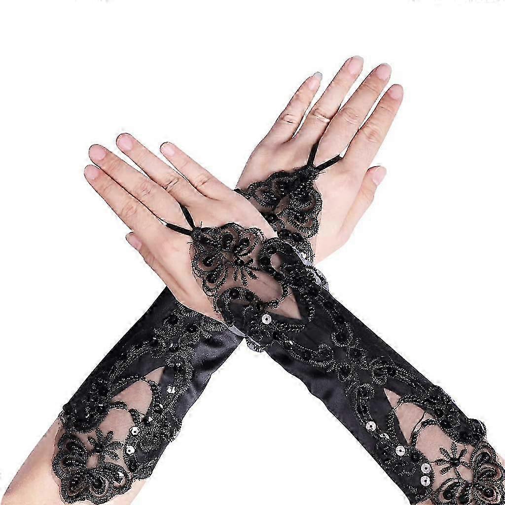 Lace floral fingerless gloves adorned with sequins