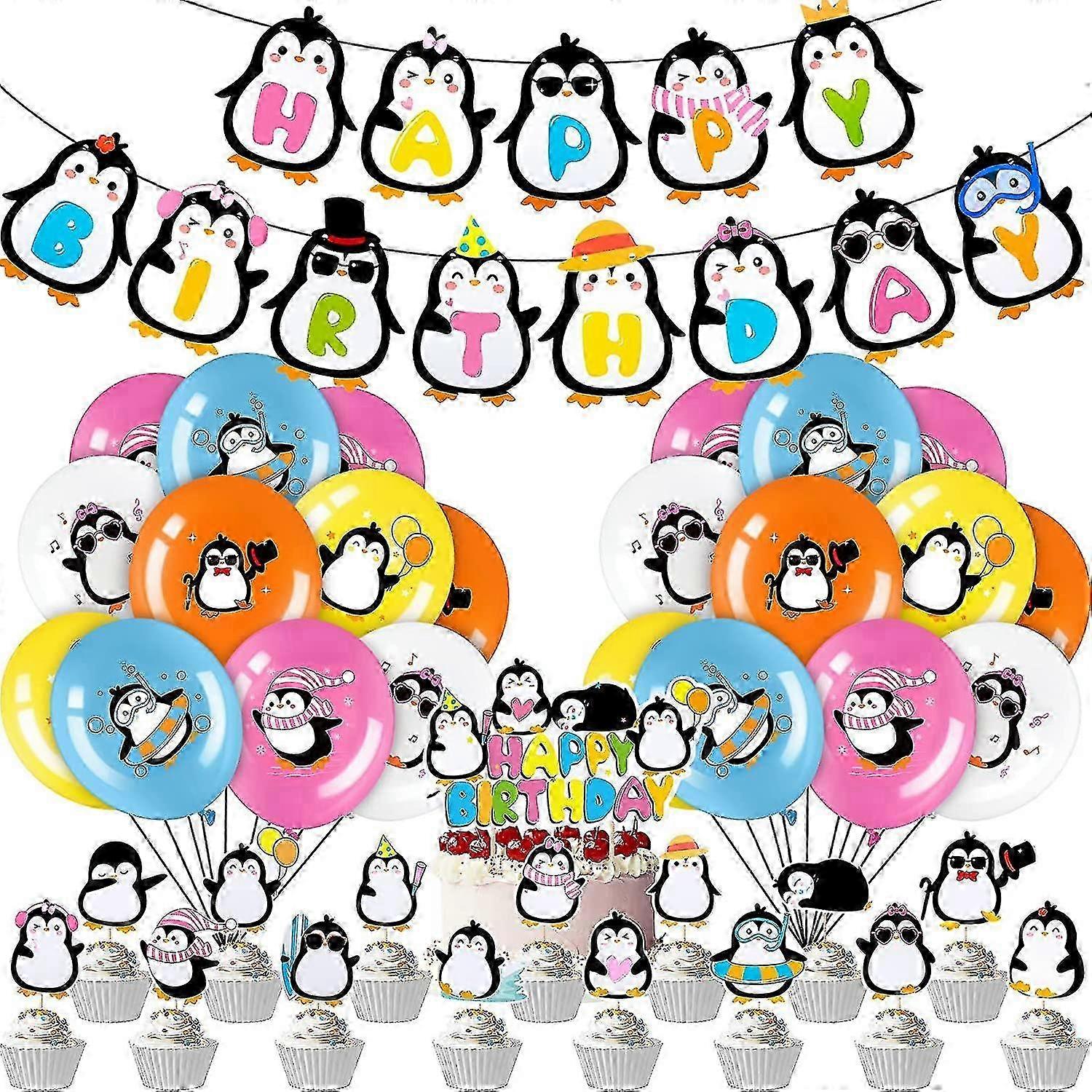 Penguin birthday decorations set with cake toppers and balloons