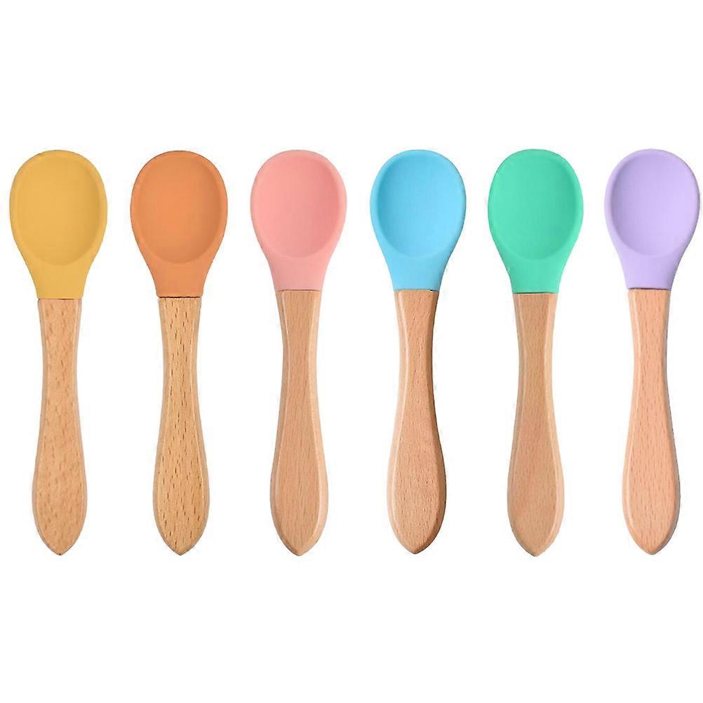 6pcs Silicone Feeding Spoons with Wooden Handles, Wear Resistant Soup & Porridge Mixing Utensils, Flexible Soft Tip Design for Weaning & Food Prep