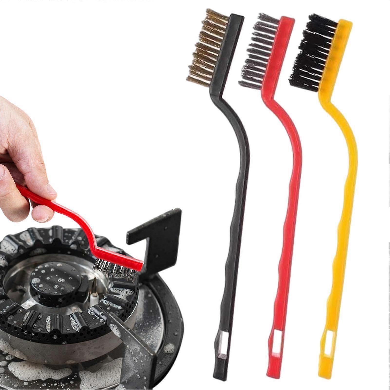 Mini Wire Brush Set - 3 Piece Rust Colour Metal Cleaner with Non-Slip Hard Bristles and Hanging Hole Design for Stove Cleaning