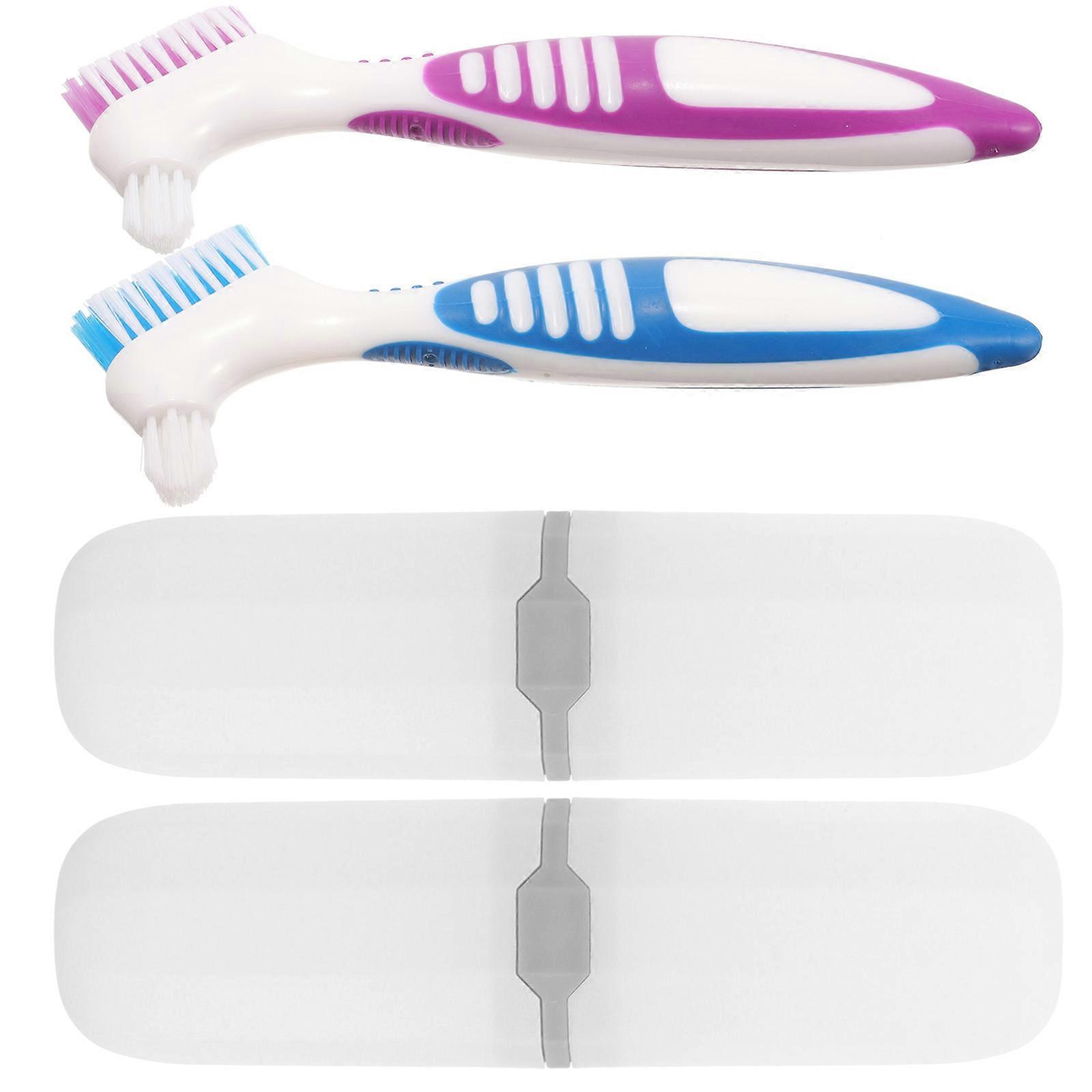 Portable Cleaning Miniature Denture Toothbrush Assorted Color Adults 2 Sets