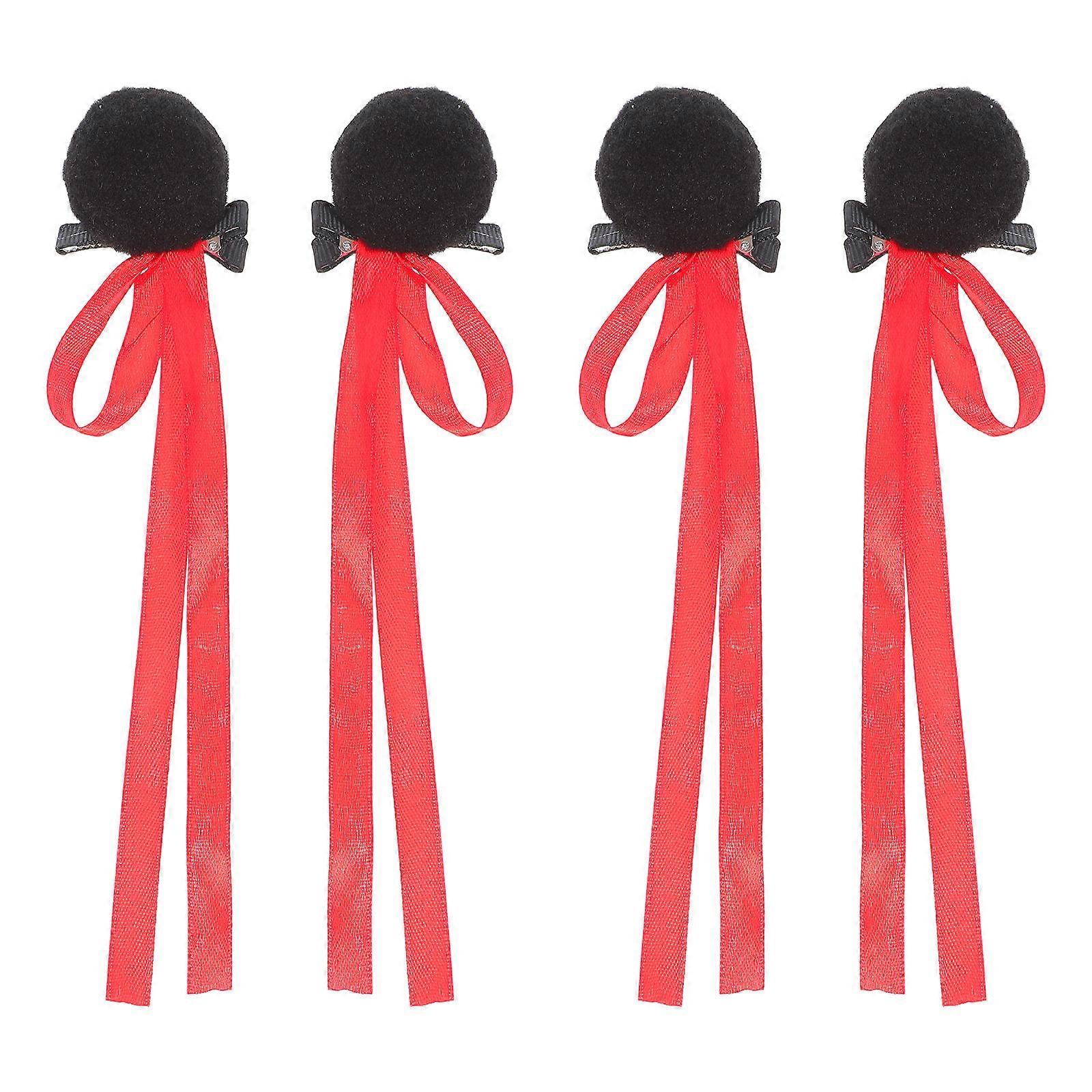 Girls Hair Barrettes Non-Slip Pompom Clips with Ribbon for Parties Styling Decorations Cute Design 2Pairs