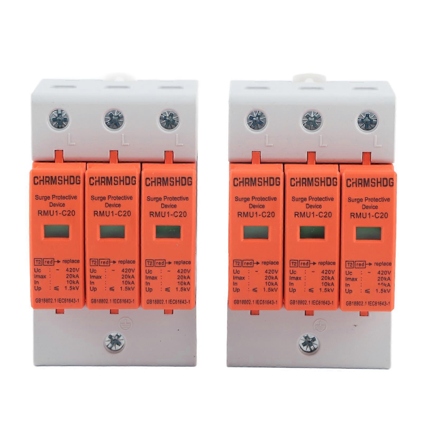 2Pcs Surge Protective Device Din Rail Mount House 3P Arrester Protector AC 420V RMU1‑C20
