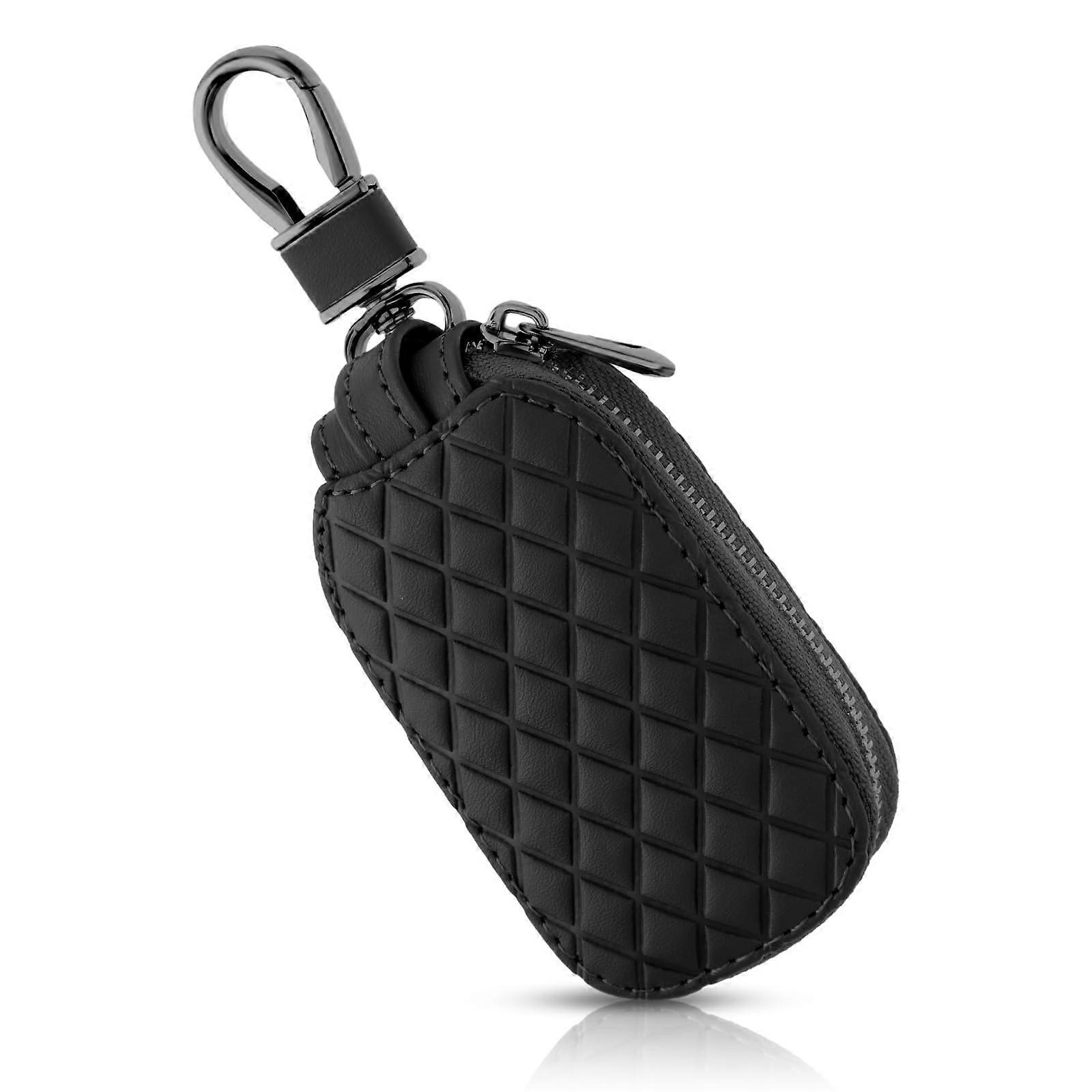 Leather Car Key Case, Universal Car Key Fob Cover Scratch Resistant Waterproof Vehicle Key Fob Zipper Bag with Keychain Black