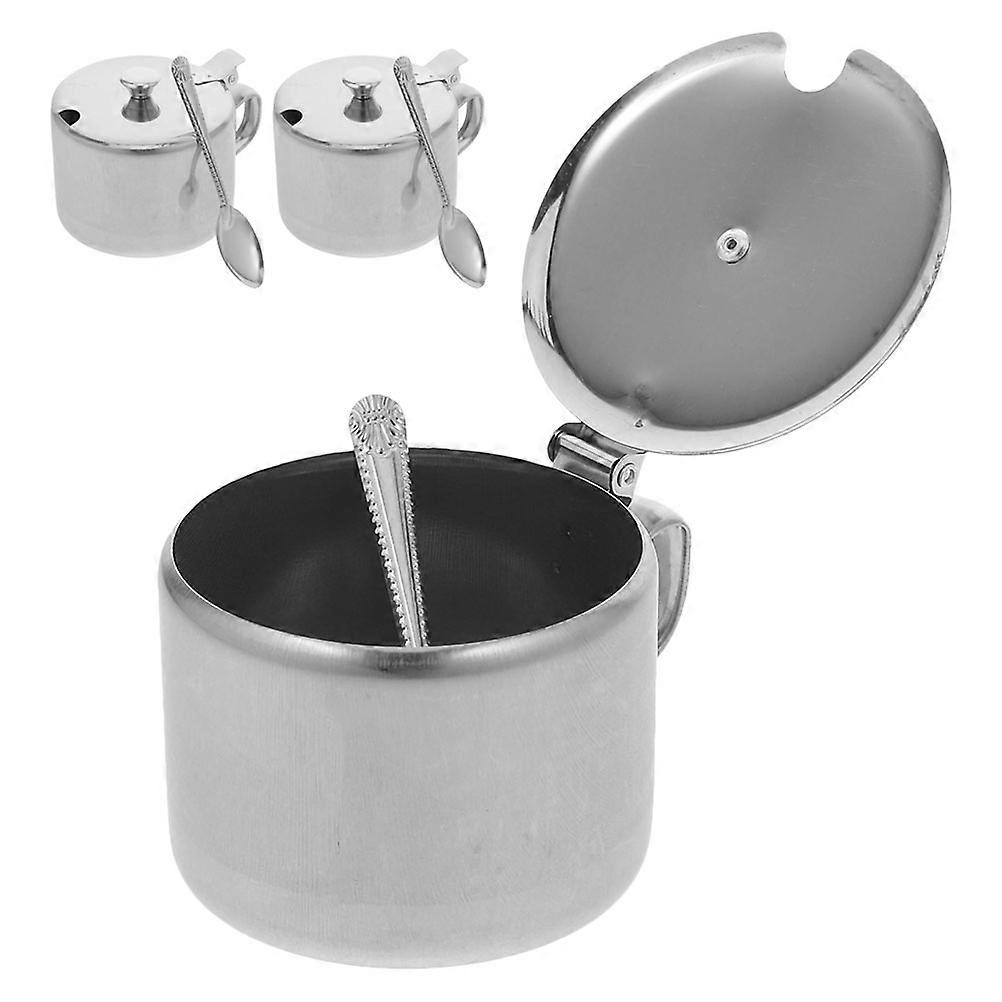 3 Set Stainless Steel Sugar Bowls Condiment Containers with Spoon and Lid for Kitchen Home Salt and Pepper