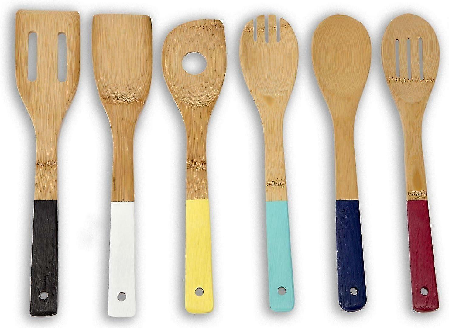 Bamboo Cooking Utensils Set with Color Handles, 6-Piece