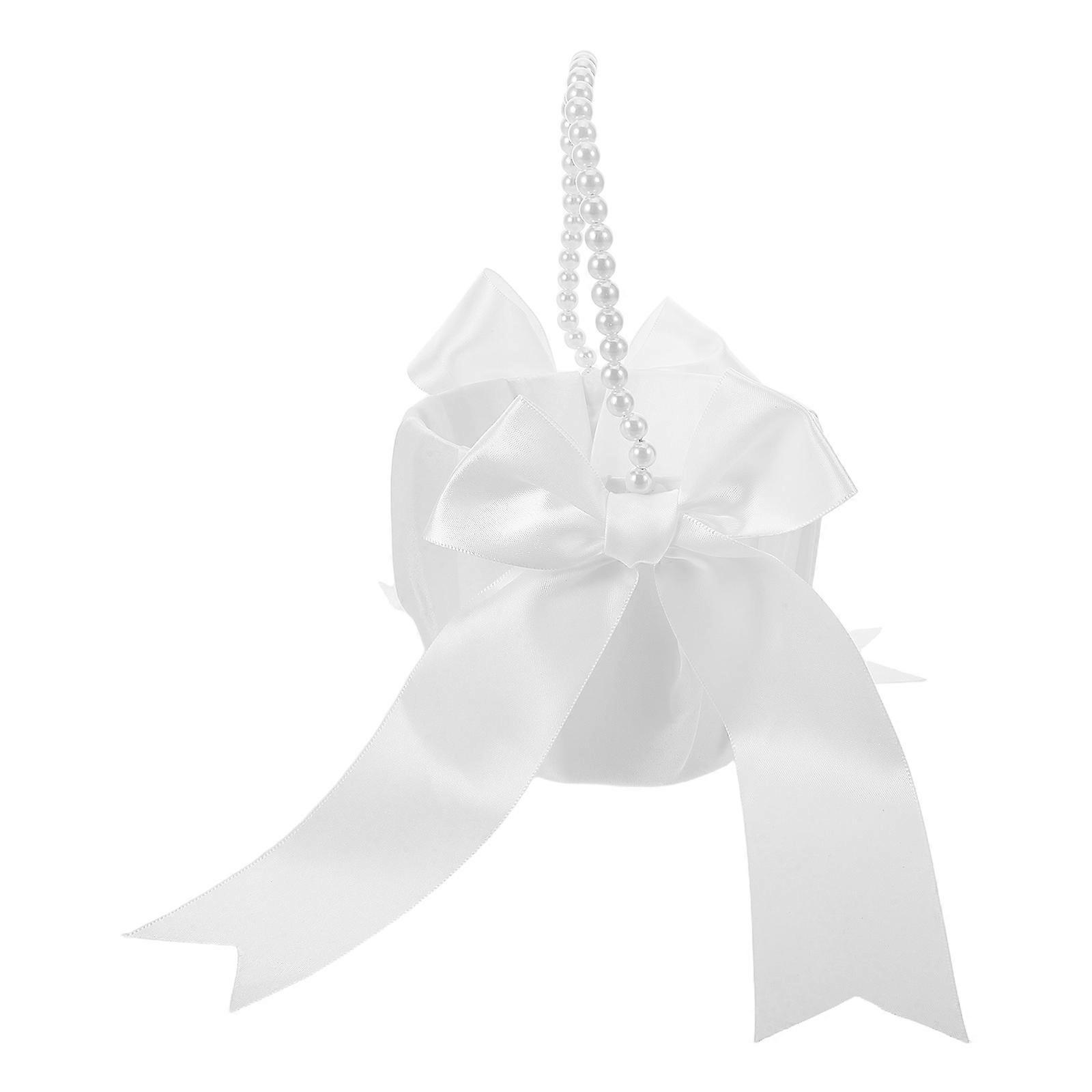 Pearl Wedding Flower Basket with Handle White Cloth Candy Container for Ceremony and Party