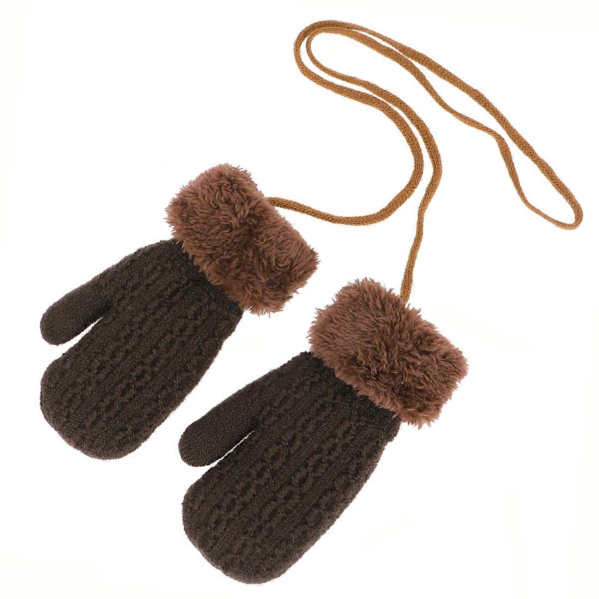 1 زوج من قفازات الأطفال المحبوكة القهوة الدافئة ذات الطبقة المزدوجة حماية التصميم ضد البرد