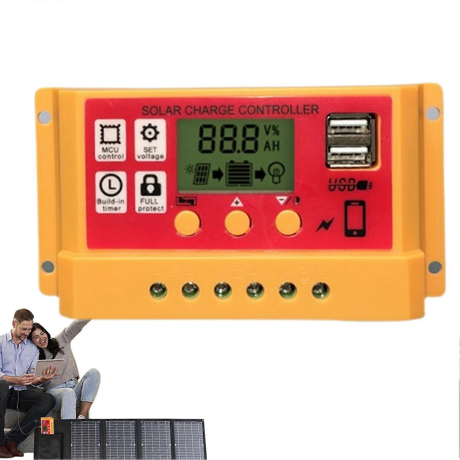 Solar Battery Controller 12V/24V, Adjustable LCD, Dual USB, Auto Timer, Multiple Load Modes for Solar Panels