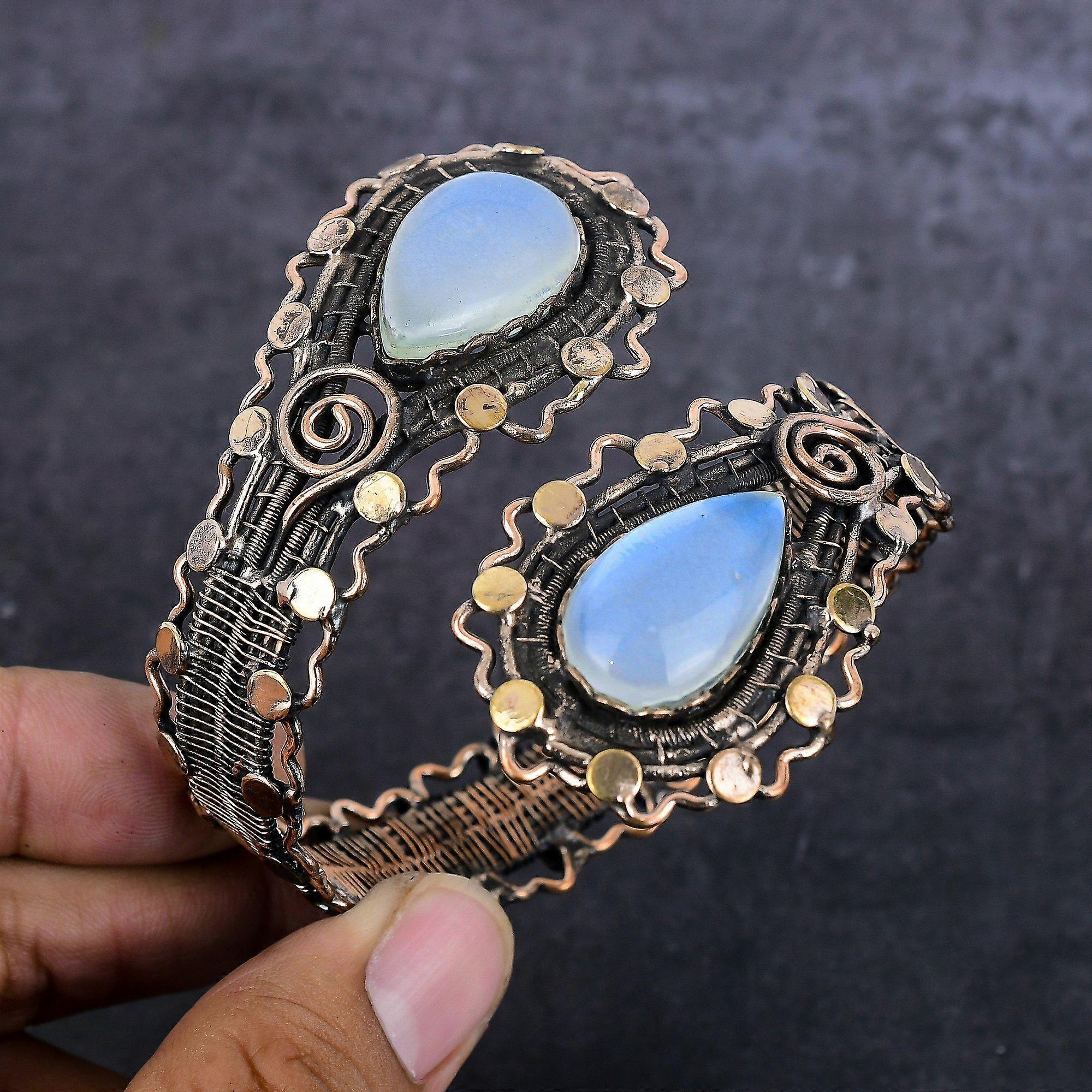 Natural Milky Opal Gemstone Copper Wire Wrap Cuff Bangle Adjustable s2M79