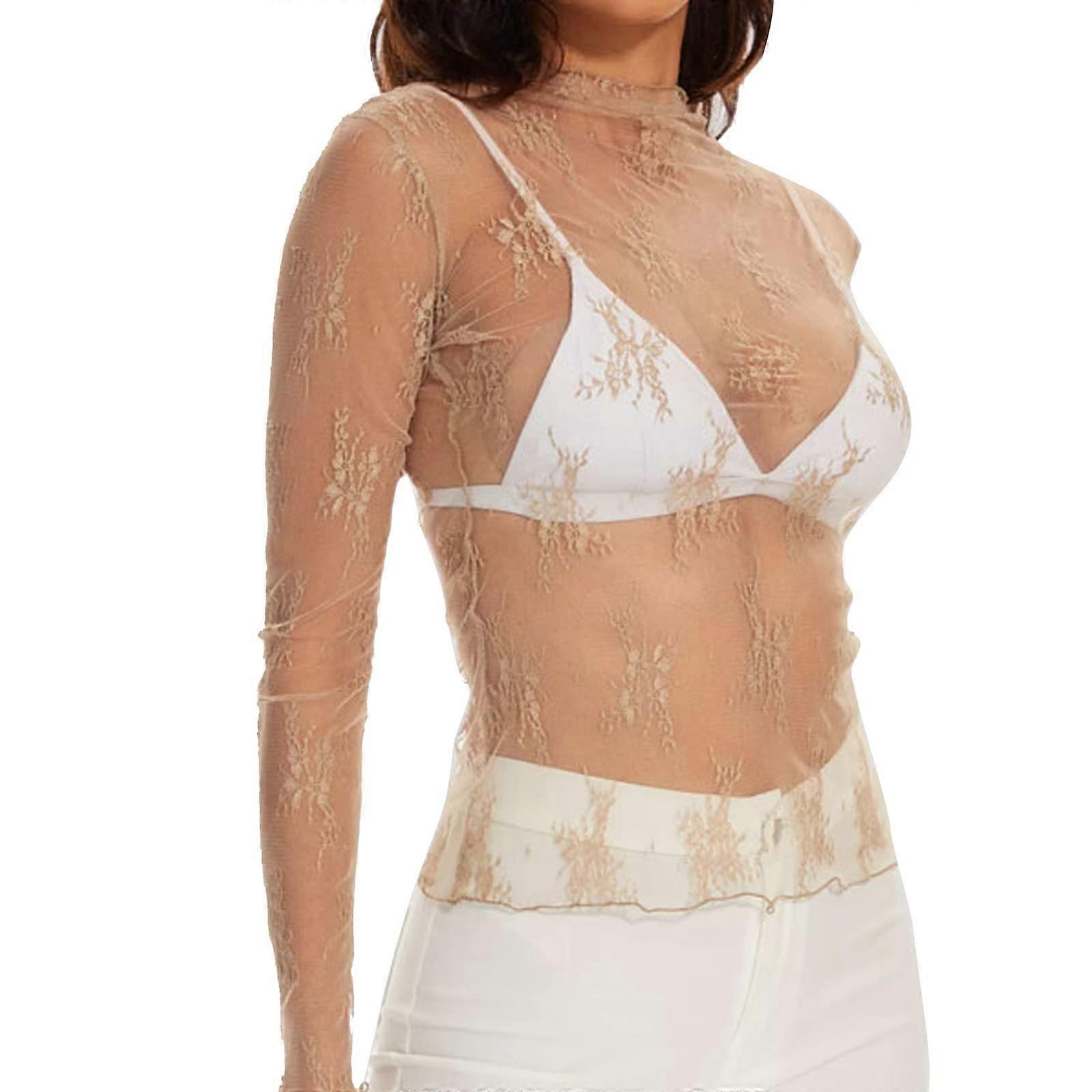 Women's Transparent Top Long Sleeve Mesh Blouse Tunic Casual Khaki Shirt Size M for Clubwear and Parties