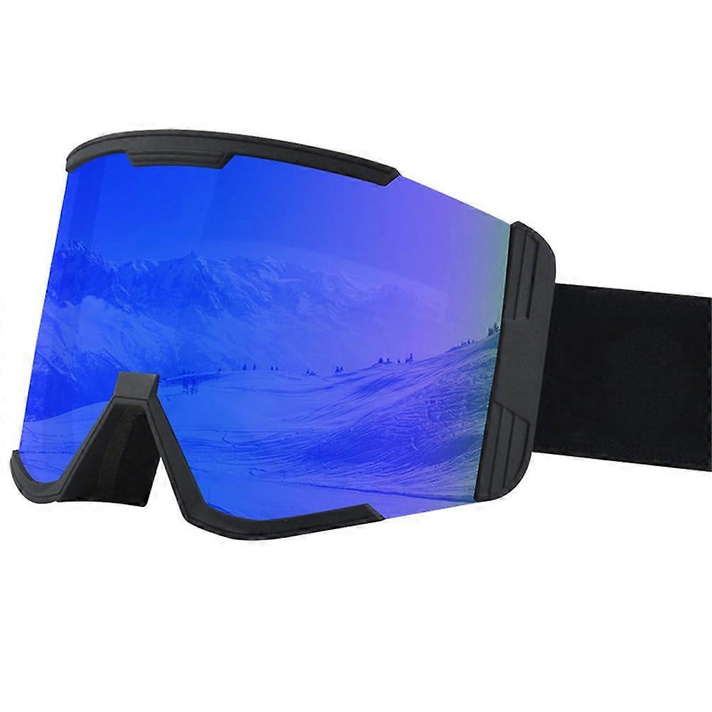 Men's and Women's Doublelayer Antifog Ski Goggles Snow Goggles Mountaineering Windproof Goggles Black Blue 185*100mm