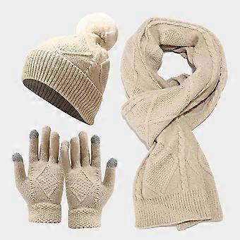 3 stks Vrouwen Winter Dikke Warme Gebreide Muts Sjaal En Touchscreen Handschoenen Gebreide Set Yo