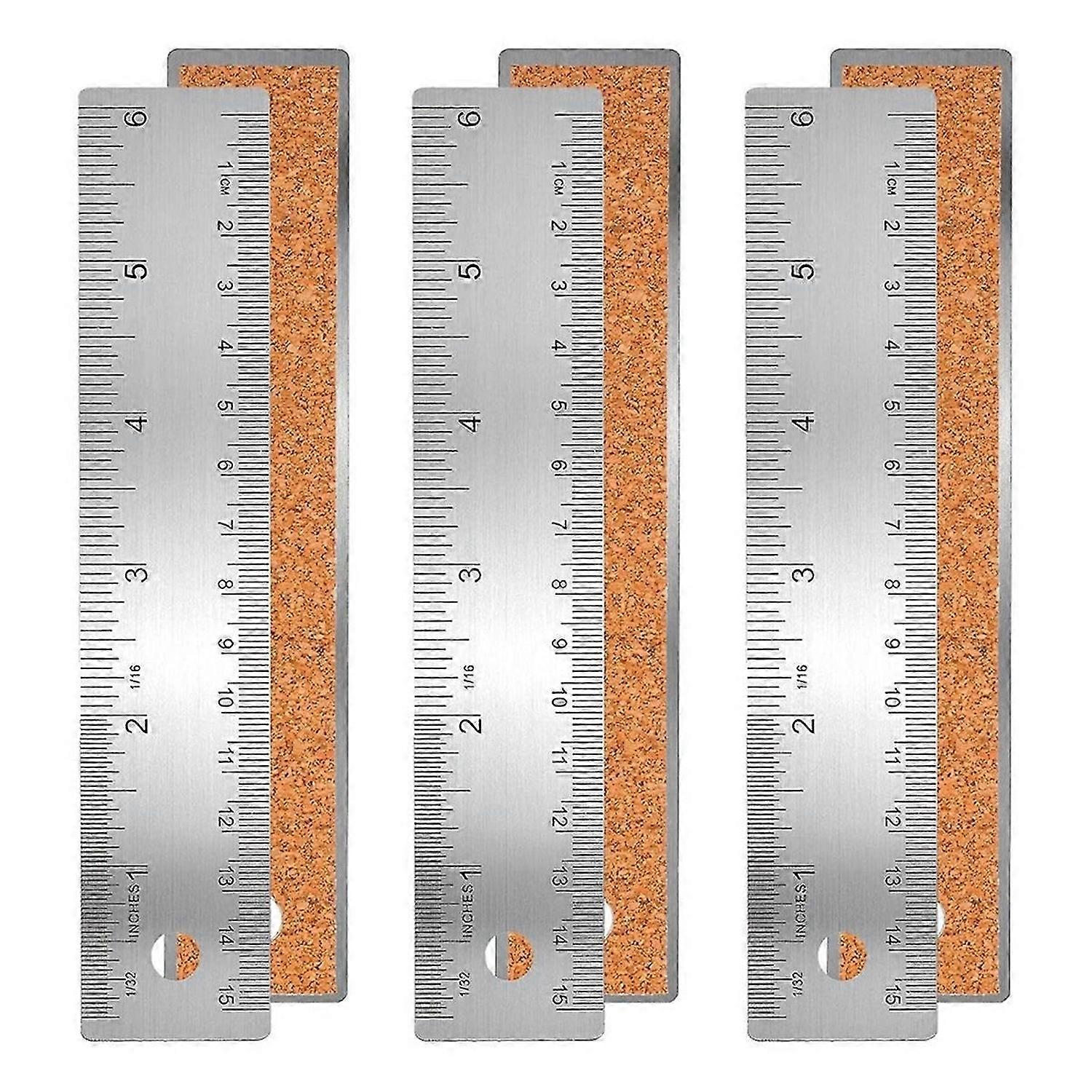 3 Pcs 6-Inch Non-Slip Metal Ruler with Cork Backing Rulers Non Slip Straight Edge Cork Base Rulers f