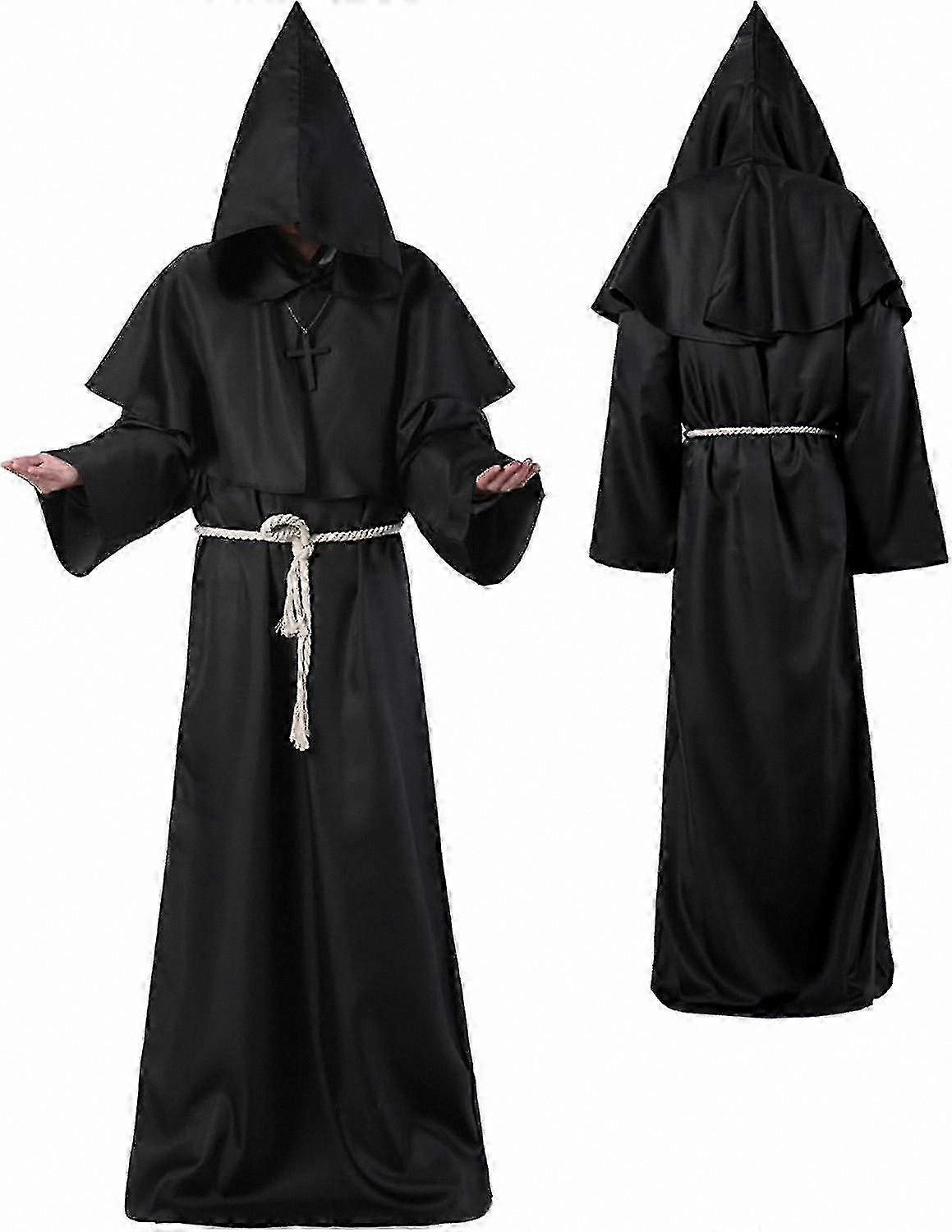 Medieval Hooded Robe Costume for Adults Unisex Monk Friar Wizard Tunic Cloak Set 3pc
