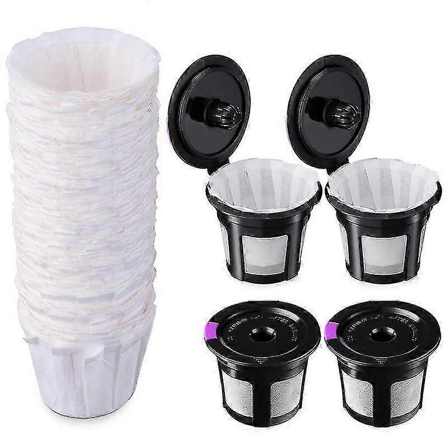 Reusable K Cups with Paper Filters Set, Including 4 Pack K Cups and 100 Pcs Coffee Filters for 1.0