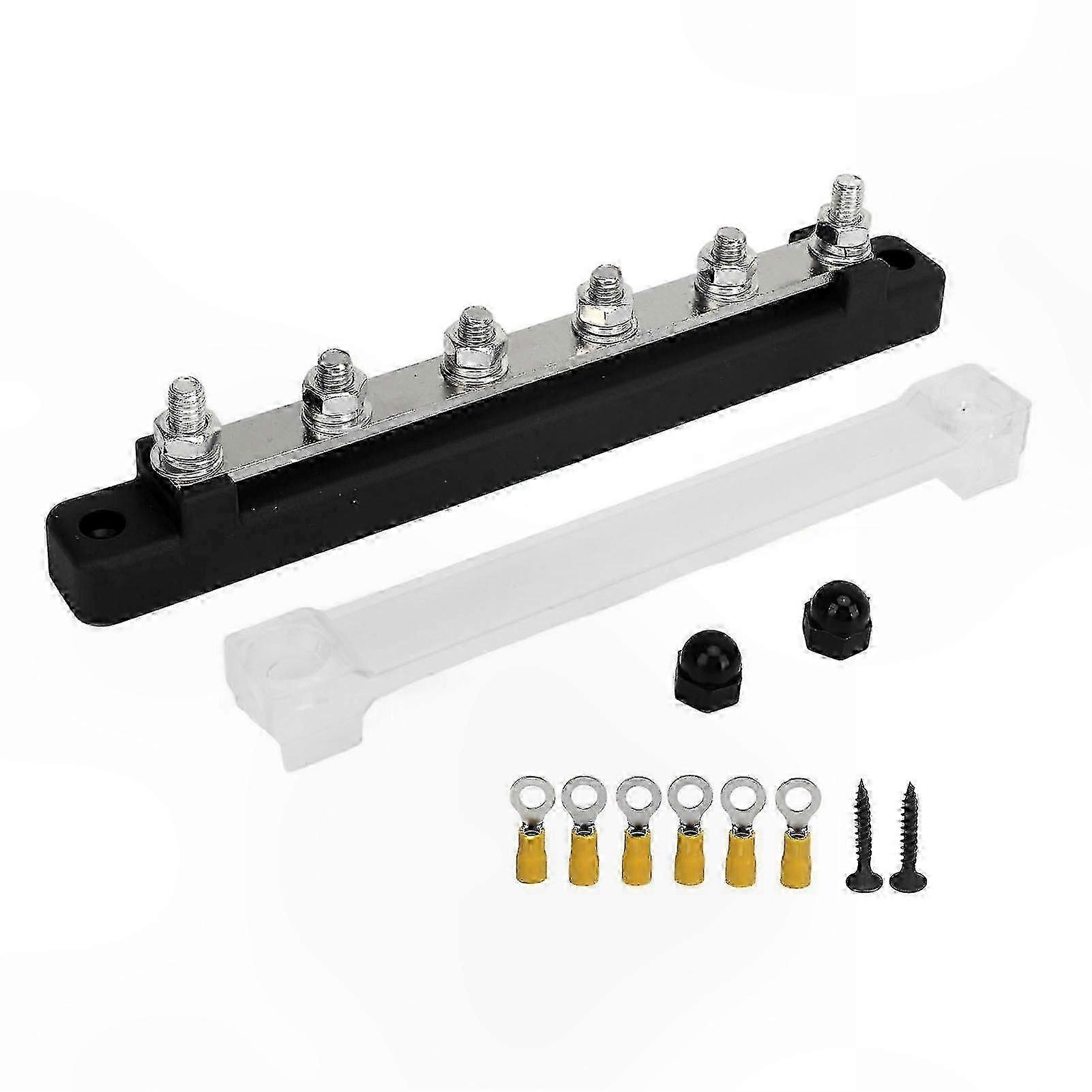 Power Distribution Block with 6 Ports and Dust Cover for Automotive Applications M6 Terminals DC12V-48V 150A Max Black