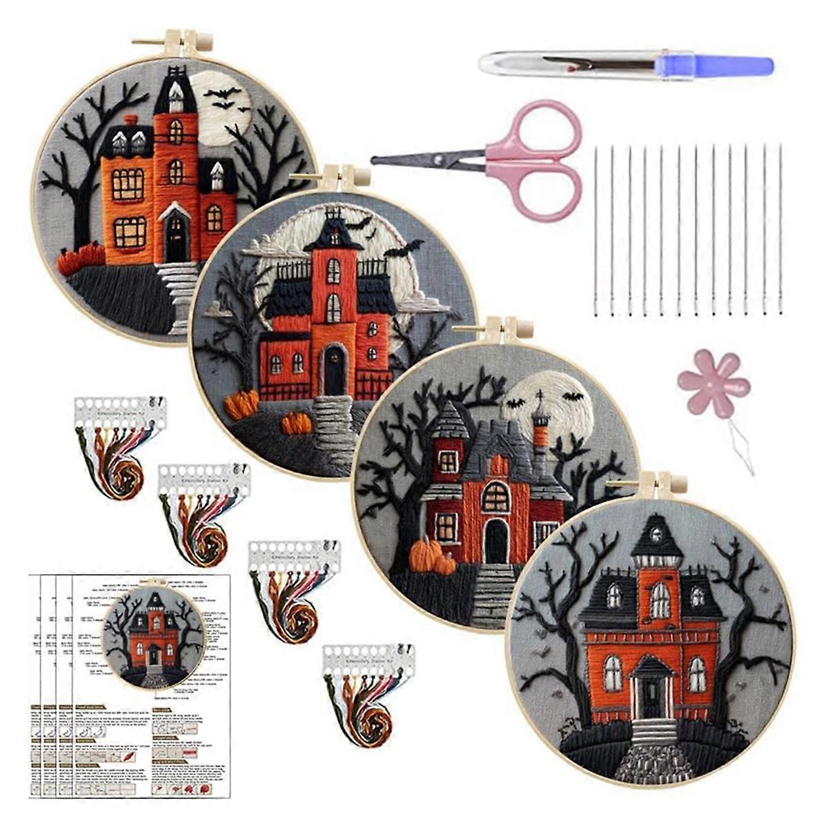 4-Pack Halloween Castle Embroidery Kit for Beginners: Fall Pumpkin and Black Tree Bat - Kit
