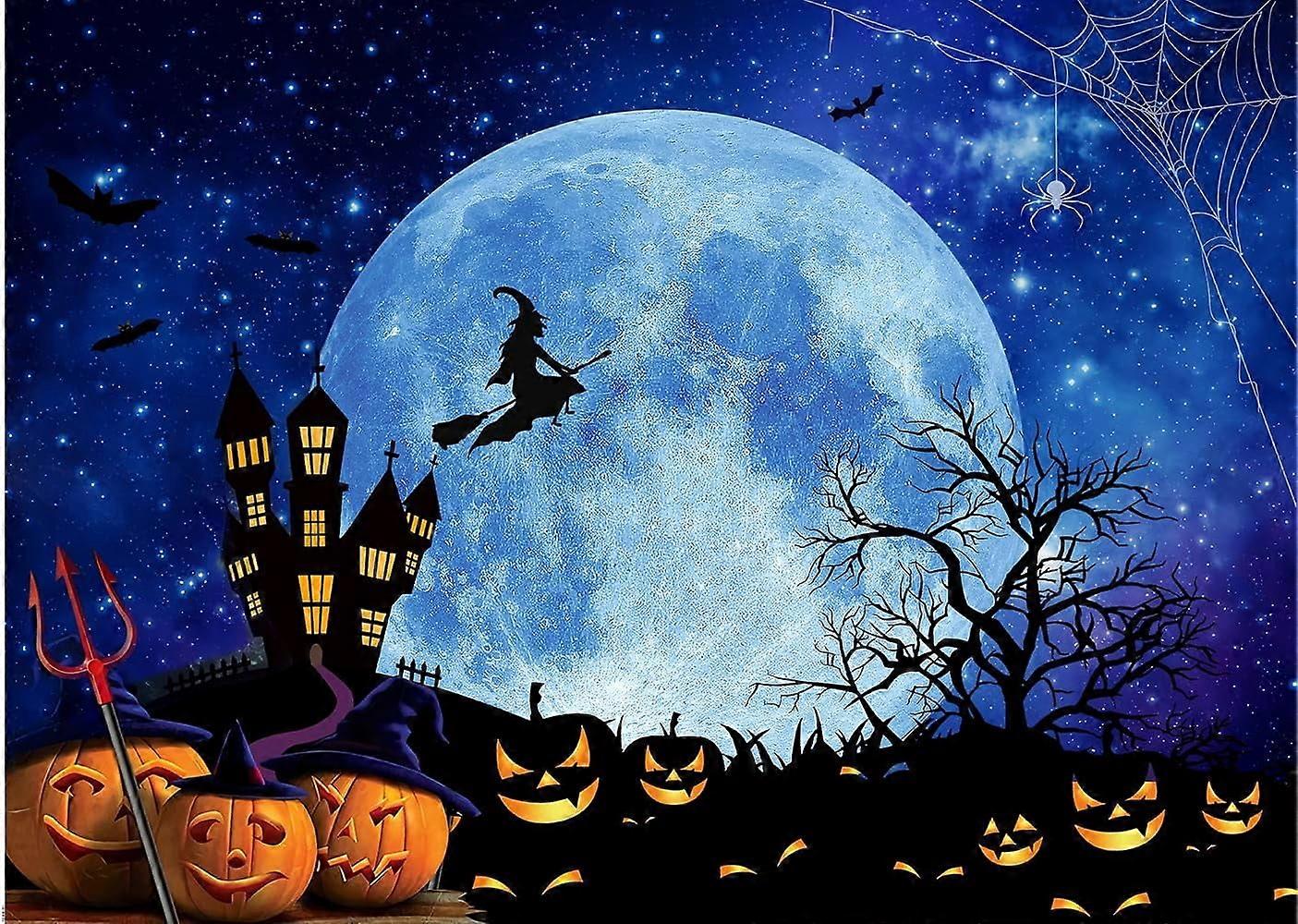 10x8ft Happy Halloween Orange Backdrop - Lantern, Moon, Bat, Spider Web, Graveyard Fence for Party & Photography Decor