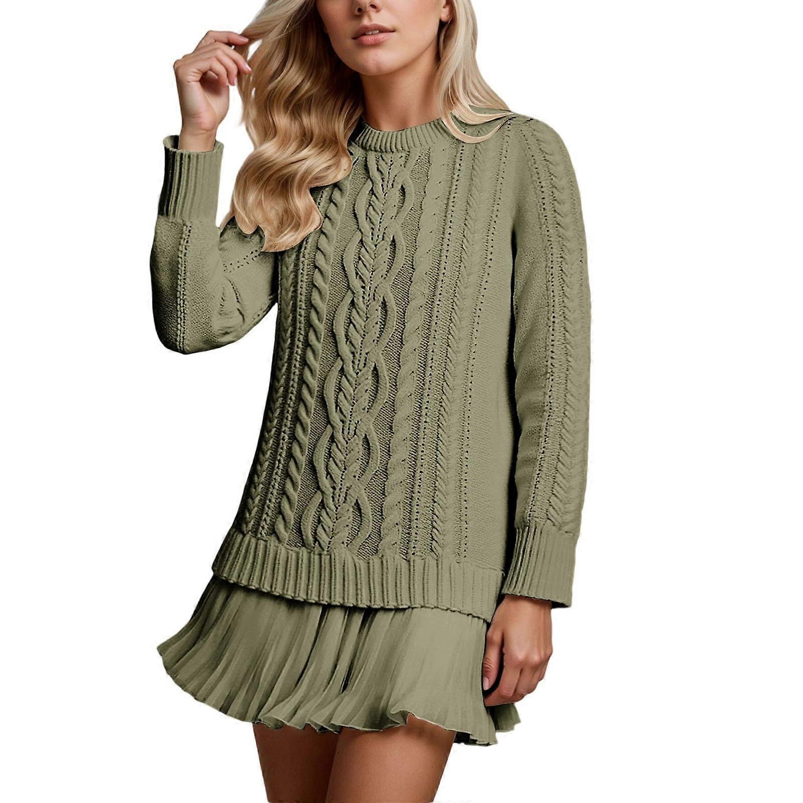 Elegant Cable Knit Mini Dress for Women Winter Fall Long Sleeve Crew Neck A  Line Ruffle Chiffon Splicing Sweater Dress Green S | Fruugo UK