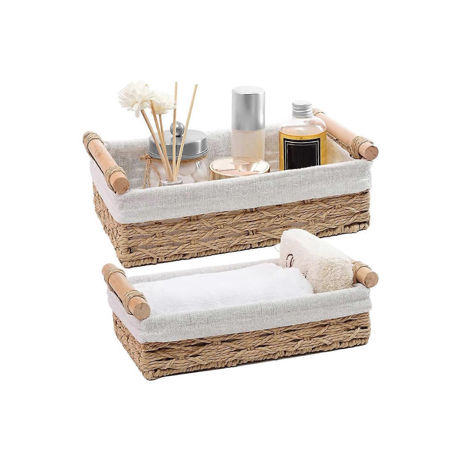 Round Rope Paper Basket, Wicker Organizing Baskets with Handle, Decorative Countertop Wastebaskets, Toilet Paper Basket(Set of 2, Beige)