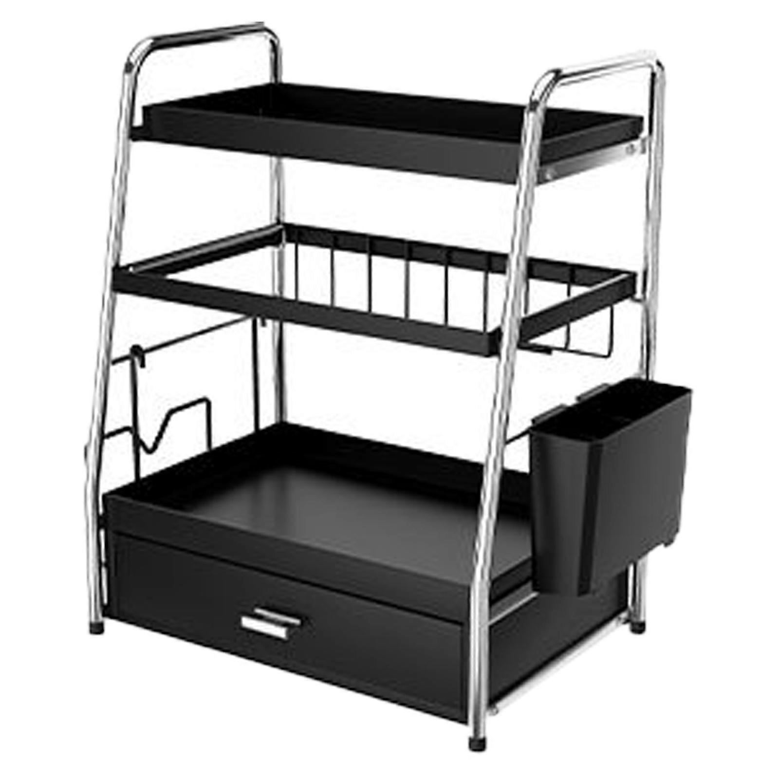 Practical Kitchen and Bathroom Shelf with 2 Pull Out Baskets and Additional Hanging Storage Rack Home Accessory Holder  Black