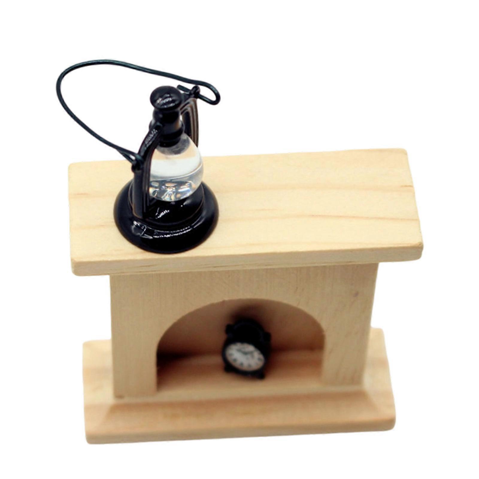 Classical Miniature Fireplaces Model Figure 1/12 Wooden Hearth with Kerosene Lamp and Clock Figurine for Scene Display Multicolor