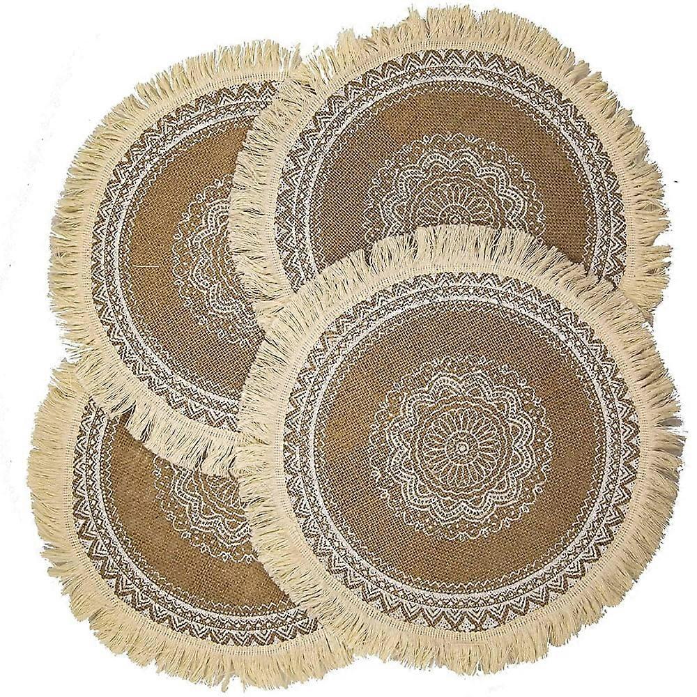 Boho Round Placemats Set of 4, Jute Linen with Macrame Table Mats for Dining Table, Farmhouse Table Placemats Dia 15"