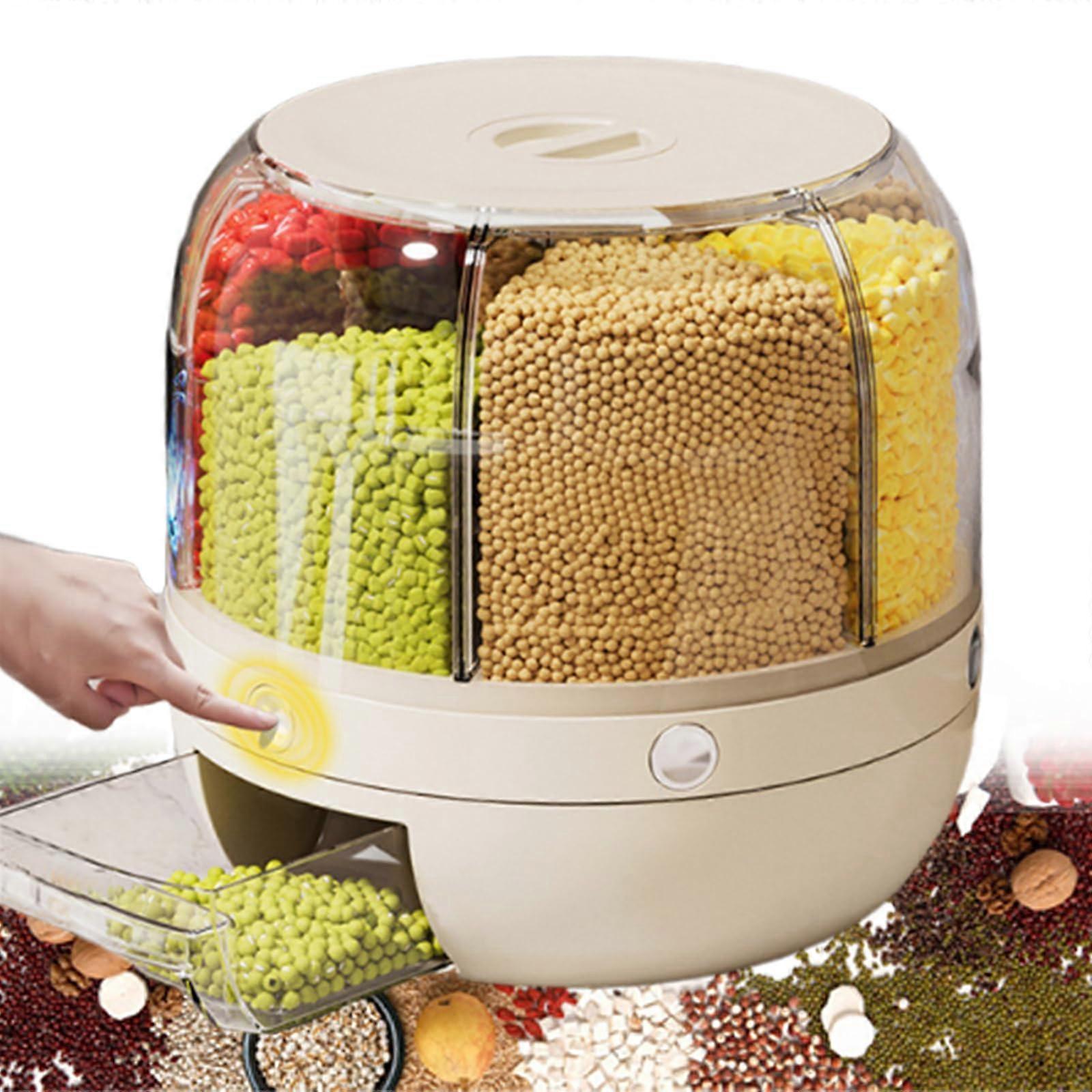 Grain Dispenser with Lid 360° Rotating Airtight Cereal Storage Container Six Compartments Yellow Small