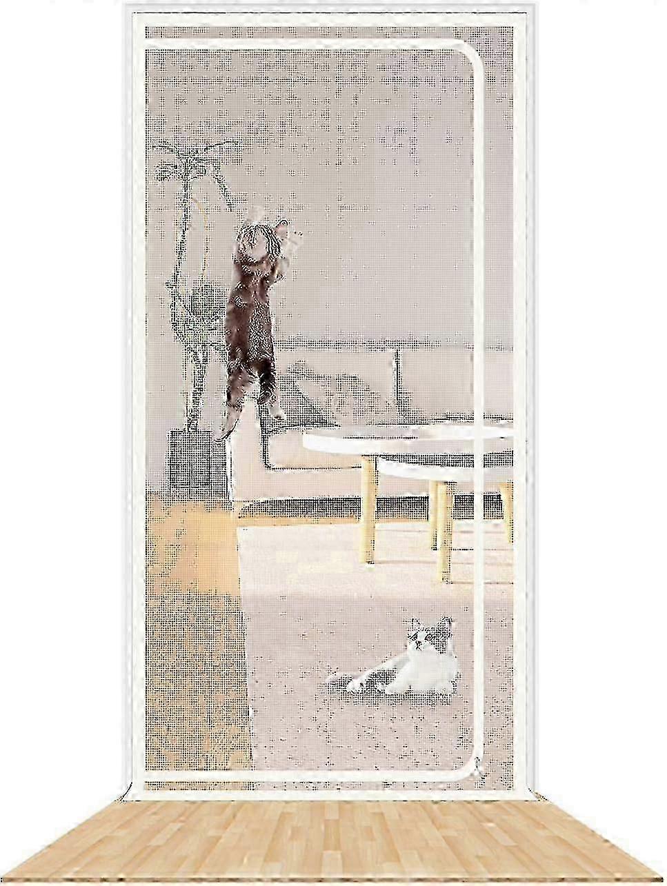 Durable Pet Screen Door for Cat Containment, Reinforced with Zipper, White