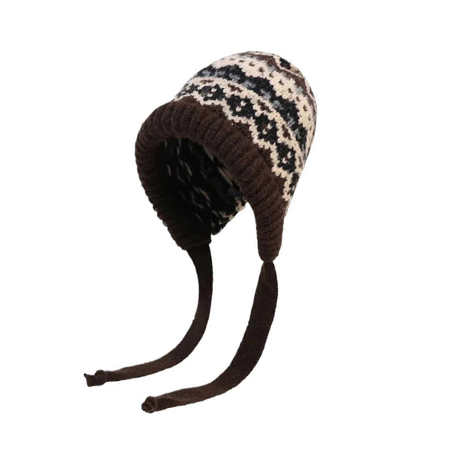 Knitted Winter Hat for Women Thick Warm Beanie with Adjustable Drawstring Retro Brown M